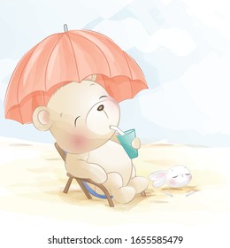 Cute bear and rabbit in the beach