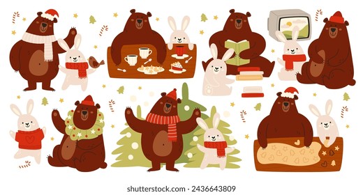 Cute bear and rabbit best friends funny cartoon characters set. Teddy and bunny having fun during Christmas holidays time, cooking xmas cookies, decorating fir tree, reading vector illustration