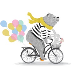 Cute Bear And Rabbit With Bicycle. Circus Show Illustration. T-shirt Graphics. Animals On Vintage Bikes. Cartoon Character For Children. Prints, Greeting Cards, Textile Artworks.