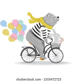 Cute bear and rabbit with bicycle. Circus show illustration. T-shirt graphics. Animals on vintage bikes. Cartoon character for children. Prints, greeting cards, textile artworks.