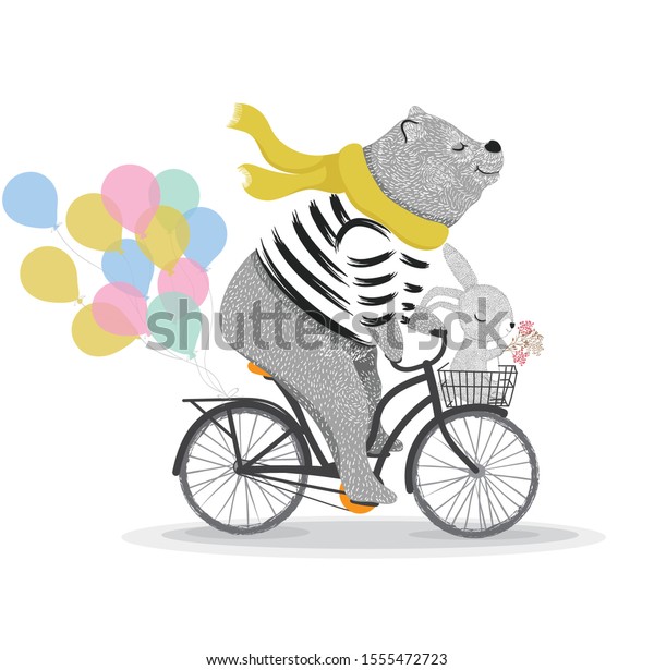 Cute bear and\
rabbit with bicycle. Circus show illustration. T-shirt graphics.\
Animals on vintage bikes. Cartoon character for children. Prints,\
greeting cards, textile\
artworks.