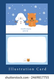 cute bear with rabbit bunny snowman and snow in winter. illustration Christmas decoration.
