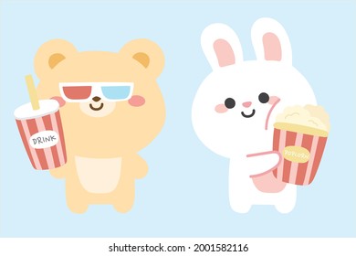 Cute bear and rabbit cartoon in movie concept.Bear wear 3D glasses.Rabbit hold popcorn.Animals character design.Isolated.Kawaii.Pastel.Doodle.Hand drawn.Vector.Illustration.