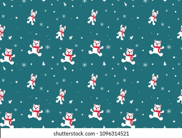 cute bear and rabbit cartoon seamless pattern vector. blue background.