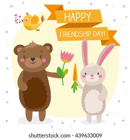 Cute bear and rabbit enjoying Friendship Day. Cartoon hand drawn illustration for your design.