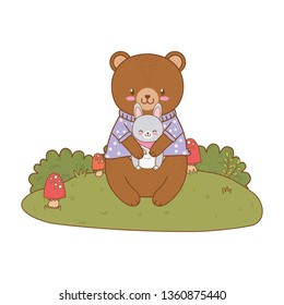 cute bear and rabbit in the field woodland character