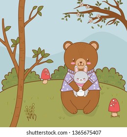 cute bear and rabbit in the field woodland character