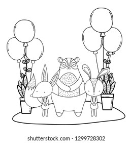 cute bear rabbit and fox with balloons helium in the landscape