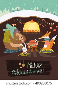 Cute bear with rabbit and fox celebrating Christmas in his den