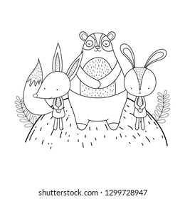 cute bear rabbit and fox in the landscape