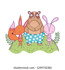 cute bear rabbit and fox in the landscape