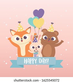 cute bear rabbit and fox with party hats gift balloons animals celebration happy day vector illustration