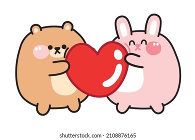 Cute bear and rabbit hold heart on white background.Valentine's day.Love.Sweet.Romance.Image for card,poster,gift,sticker,baby clothing.Isolated.Kawaii.Vector.Illustration.