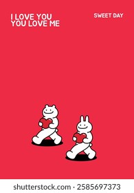 "Cute bear and rabbit holding red hearts, walking together on red background. Valentine’s Day card design."