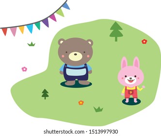 Cute bear and rabbit illustration.