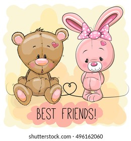 Cute Bear and rabbit on a yellow background