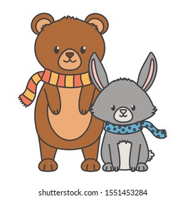 cute bear and rabbit with scarf autumn on white background vector illustration