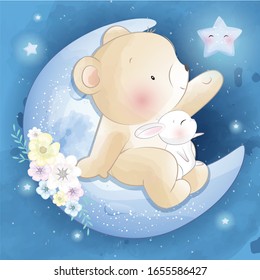 Cute bear and rabbit sitting in the moon