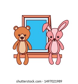 cute bear and rabbit stuffed baby toys in shelf