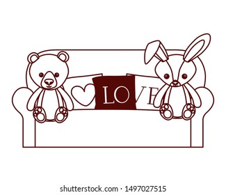 cute bear and rabbit stuffed baby toys in livingroom