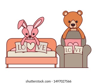 cute bear and rabbit stuffed baby toys in livingroom