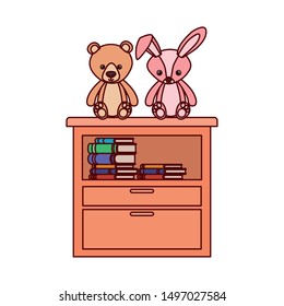 cute bear and rabbit stuffed baby toys in shelving