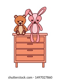 cute bear and rabbit stuffed baby toys in drawer