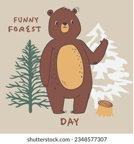 Cute bear raccoon deer forest animals tree mushroom cute woodland animals design for kids market as vector
