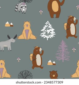 Cute bear raccoon deer forest animals tree mushroom cute woodland animals design for kids market as vector
