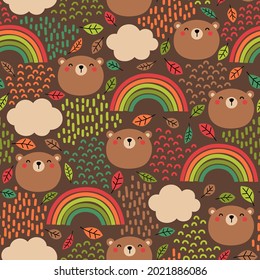 Cute bear with rainbow, cloud and falling leaf seamless pattern background. Autumn illustration concept.