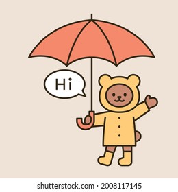 A cute bear in a raincoat is greeting with an umbrella. Cute animal characters. Outline simple vector illustration.