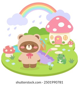 Cute Bear in Rainy Forest with Mushroom House and Rainbow.Adorable Bear in Hood with Mushroom House and Frog.Kawaii Forest Scene with Bear, Frog, and Rainbow.