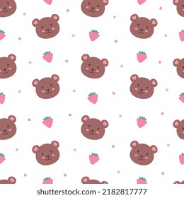 Cute bear with raspberry, seamless pattern. White background. Pastel concept. Cute cartoon. Kawaii character