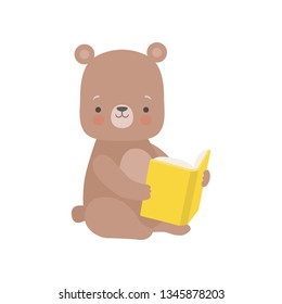Cute Bear Reading Book, Adorable Smart Animal Character Sitting with Book Vector Illustration