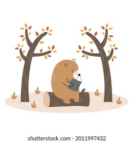 Cute bear reading book in the autumn wood. Vector illustration, isolated on white background.