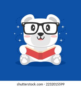 Cute bear reading book cartoon logo vector illustration flat design.