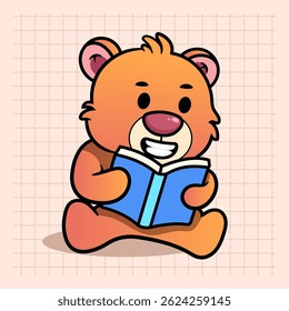 Cute Bear Reading Book Cartoon Illustration. Animal Nature Icon Concept Isolated Flat Cartoon Style for coloring page or education kids