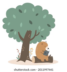 Cute bear reading book under the tree. Vector illustration, isolated on white background.