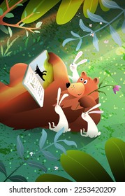 Cute bear reading fairytale book to rabbits in the forest lawn. Children illustration with animals reading a book. Study and Education kids cartoon. Vector wallpaper illustration in watercolor style.