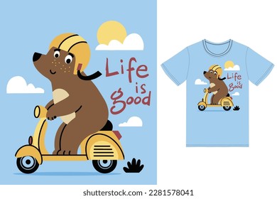 Cute bear reading scooter illustration with tshirt design premium vector the Concept of Isolated Technology. Flat Cartoon Style Suitable for Landing Web Pages,T shirt, Flyers, Stickers