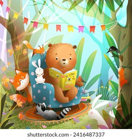 Cute bear reading or studying a book with animals in forest among trees and nature. Fox bunny squirrel and raccoon listening to a story. Vector cartoon illustration for children book.