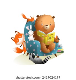 Cute bear reading or studying a book with animals, fox bunny squirrel and raccoon are listening to a story. Storytelling animal cartoon for kids education. Vector clipart illustration for children.