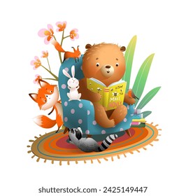 Cute bear reading or studying a book with animals at home, fox bunny squirrel and raccoon listening to a story. Reading animals cartoon for kids education. Vector clipart illustration for children.