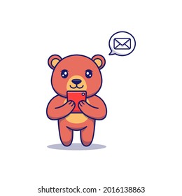 Cute bear receiving a message on smartphone