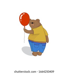 Cute bear with a red balloon in cartoon style. Vector illustration isolated on white background. Gift card design elements, birthday greeting card