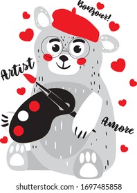 Cute bear with red beret, vector illustration  for kids apparel or Valentine's Day design . Cartoon artist bear with palette and brush.