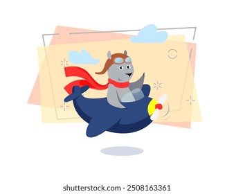 Cute bear in red scarf piloting plane. Cartoon character, aircraft, trip. Animal concept. Can be used for topics like travel, vacation, activity