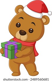 Cute bear with red scarf and santa hat holding gift of illustration