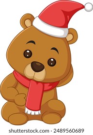 Cute bear with red scarf and Santa hat cheerfully poses of illustration