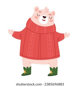 Cute bear in a red sweater and green boots. Christmas character. Children's illustration. Hand drawn style